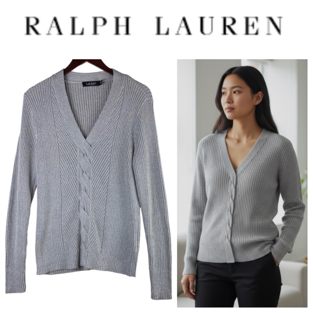 Ralph Lauren Black Label Sz XL 14 16 Sweater Pullover Silver Metallic V-Neck